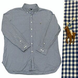 Ralph Lauren blue white Gingham Oxford Shirt Flesh color pony sz 16.5  3…